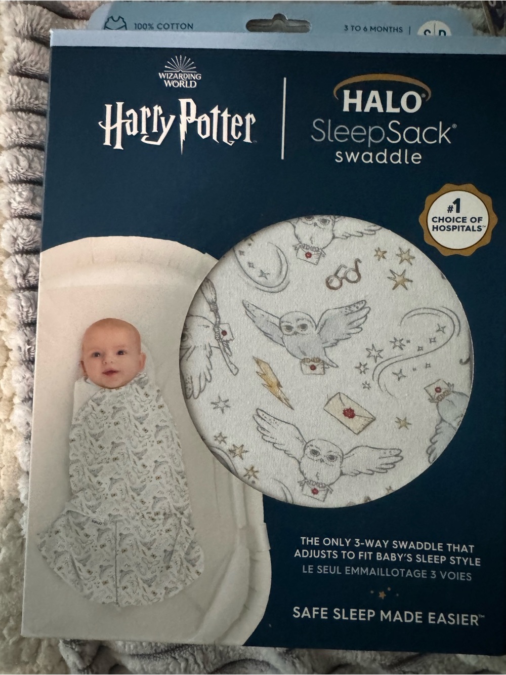 Halo SleepSack Swaddle in White with Gold and Gray Harry Potter Motif